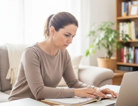 Mujer revisando documentos financieros en casa frente al ordenador, representando el proceso de concurso de acreedores de persona física en España.