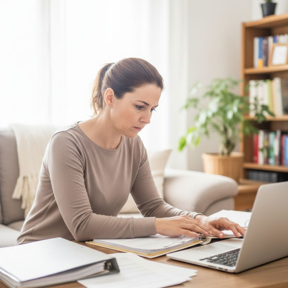 Mujer revisando documentos financieros en casa frente al ordenador, representando el proceso de concurso de acreedores de persona física en España.
