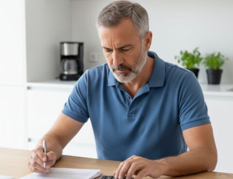 Hombre revisando facturas y documentos bancarios antes de negociar con el banco su ejecución hipotecaria