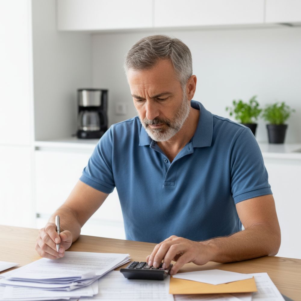 Hombre revisando facturas y documentos bancarios antes de negociar con el banco su hipoteca