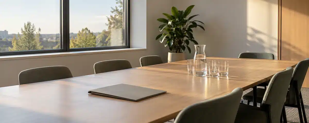 Sala de reuniones vacía de una oficina pequeña con una mesa de madera clara, sillas y luz suave de mañana