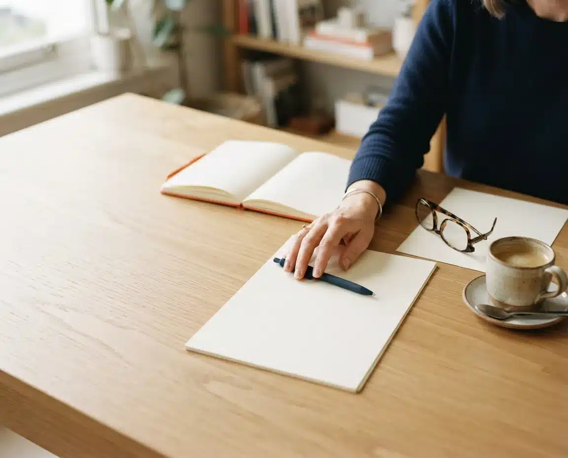 Mesa de trabajo con papeles, gafas y libreta