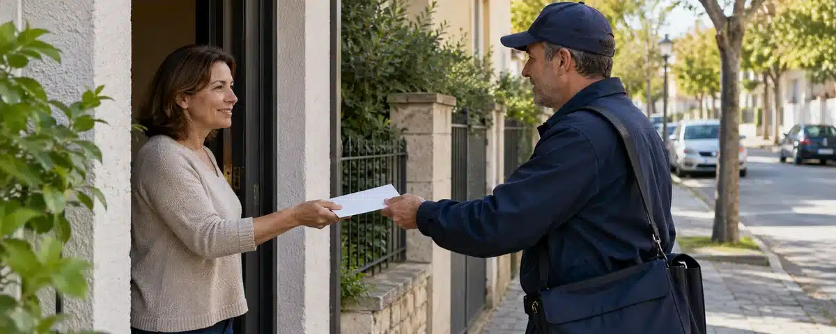 Mujer recibe un sobre de un cartero: notificación de un juicio monitorio