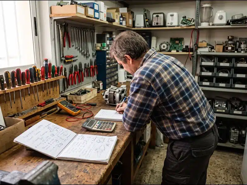 Autónomo en su taller revisando las cuentas del negocio antes de acogerse a la Ley de la Segunda Oportunidad