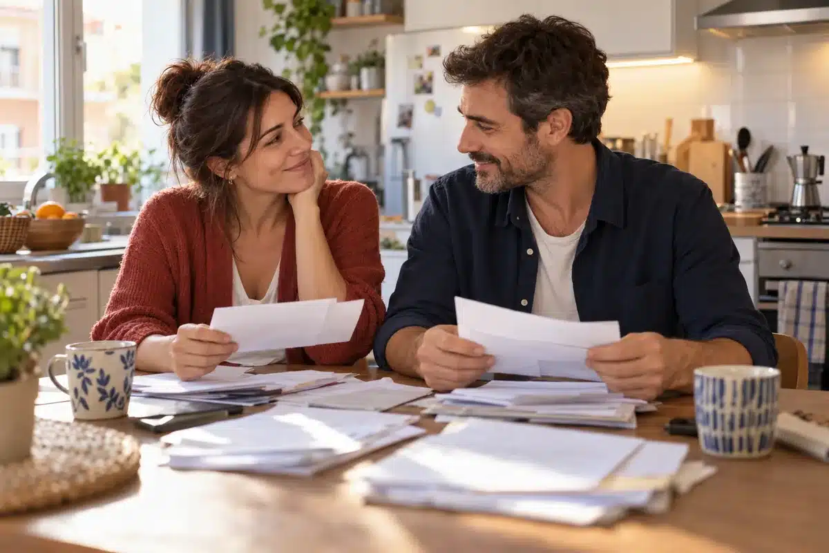 Pareja revisando facturas y cartas del banco en casa antes de acogerse a la Ley de la Segunda Oportunidad