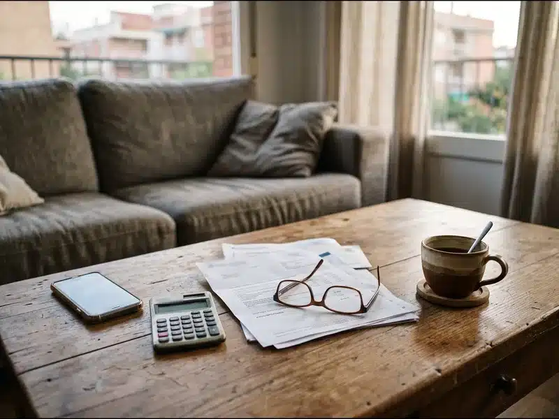 Mesa de salón con móvil, calculadora y cartas del banco: particular con deudas de tarjetas y préstamos que puede acogerse a la Ley de la Segunda Oportunidad