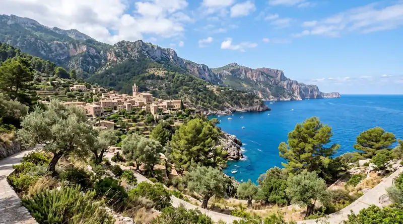 Serra de Tramuntana y costa de Mallorca (imagen ilustrativa) Pueblo de piedra, olivos y costa de la Serra de Tramuntana en Mallorca, isla desde la que tramitamos la Ley de Segunda Oportunidad (imagen ilustrativa)