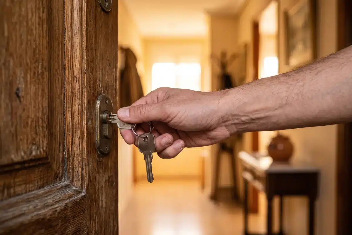 Mano con un llavero abriendo la puerta de madera de un piso, con el recibidor iluminado al fondo