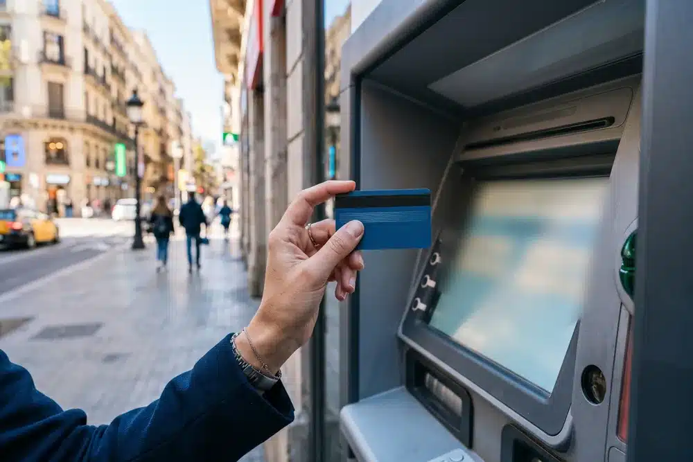 Mano sosteniendo una tarjeta bancaria frente a un cajero automático en una calle de ciudad