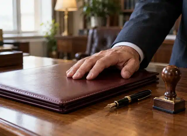 Carpeta de documentos y sello sobre un escritorio: qué es un procurador