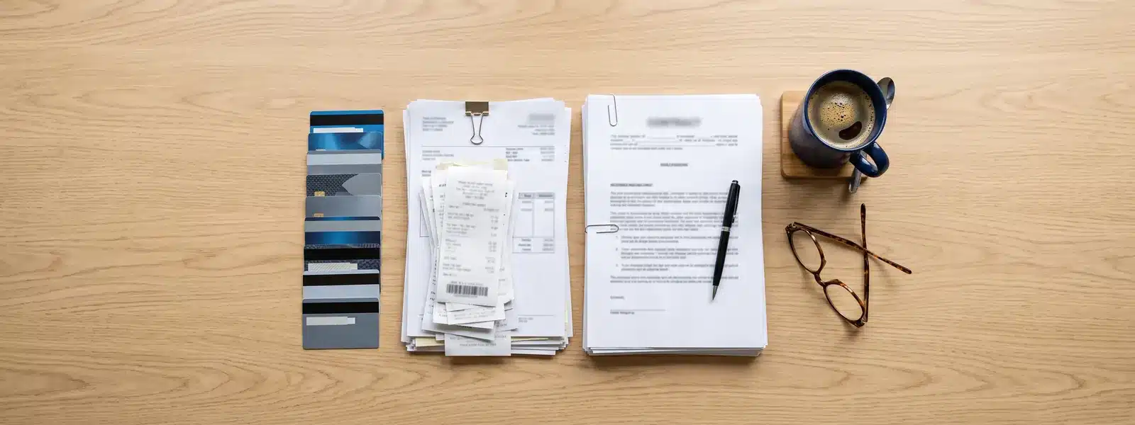 Tarjetas de crédito, facturas y contratos de préstamo ordenados sobre una mesa: las deudas que cancela la Ley de la Segunda Oportunidad